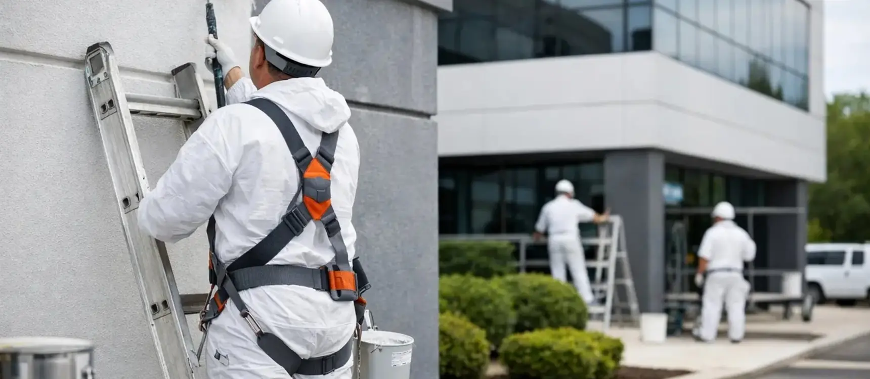 Painter on a ladder painting a commercial building exterior